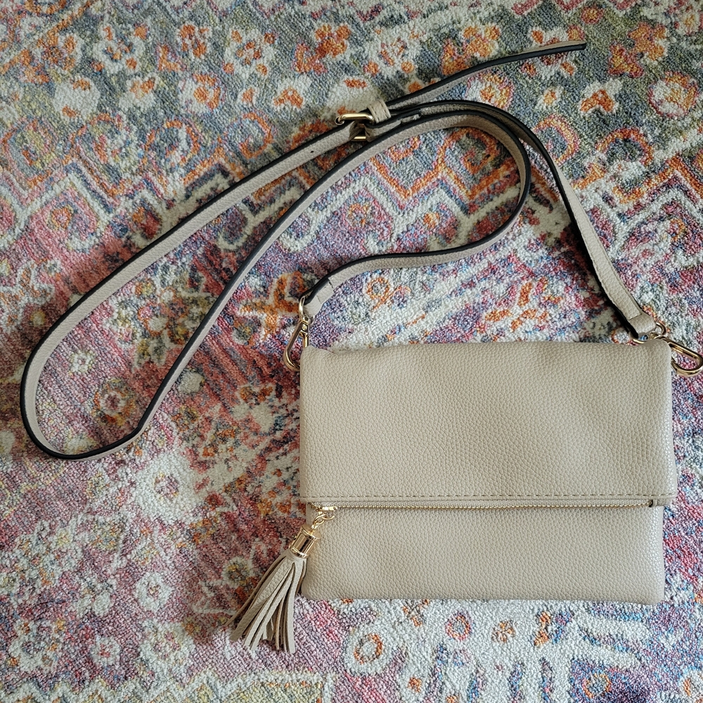 Vegan Leather Beige Clutch With Crossbody Strap